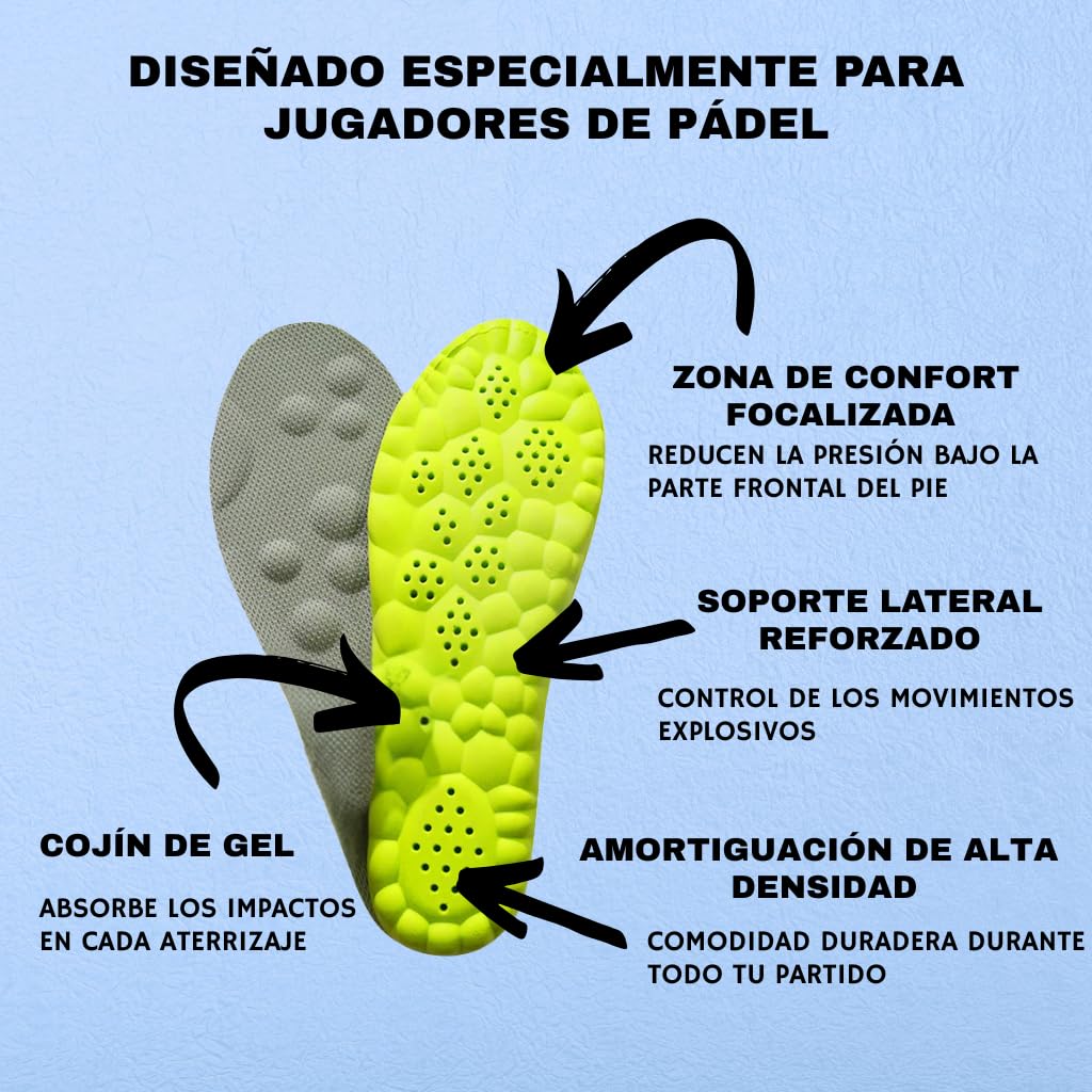 La plantilla deportiva acolchada de alta densidad mejora la sujeción lateral, es personalizable y aumenta la estabilidad y la comodidad en la pista. (35-36)