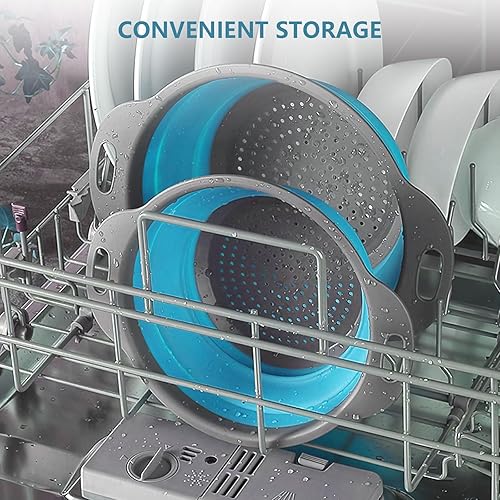 Miniatura 5 de Juego de 3 coladores plegables  redondo de silicona en la cocina, coladores de alimentos, escurridor, cesta azul para drenar pasta, verduras, frutas