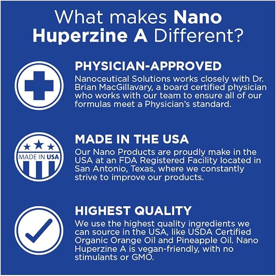 Nano HUPERZINE A | الجسيمات السائلة النانوية | الامتصاص الفوري | الانتباه ، التركيز ، الذاكرة ، الوضوح العقلي | غير GMO GMP معتمد | 30 حصص / 6000mcg لكل زجاجة