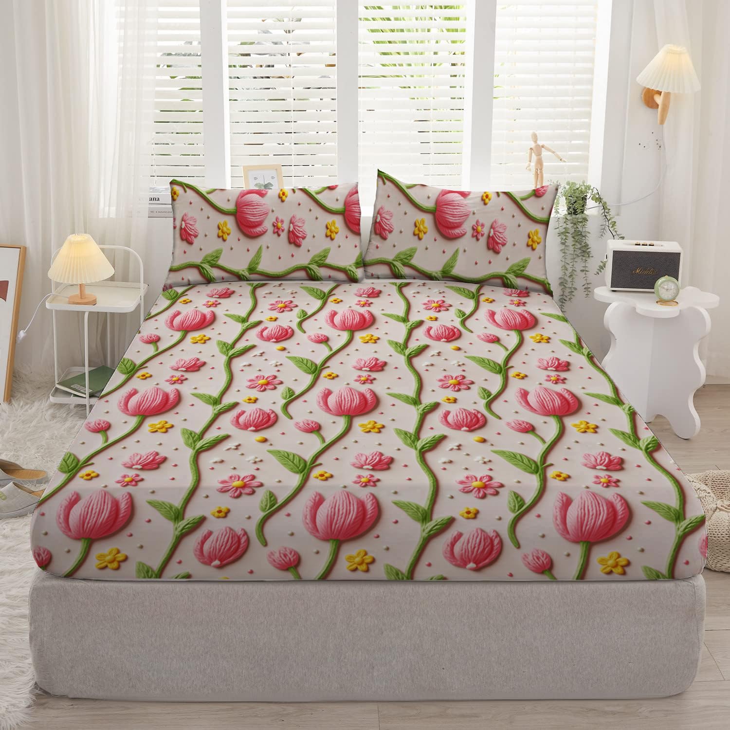 DECOMIZER 300TC Cotton Feel Glace Cotton Elastic Fitted 7D Printed King Size Double Bed Bedsheet with 2 Pillow Covers Fits Upto 8 inches Mattress,72x78, Red Lily