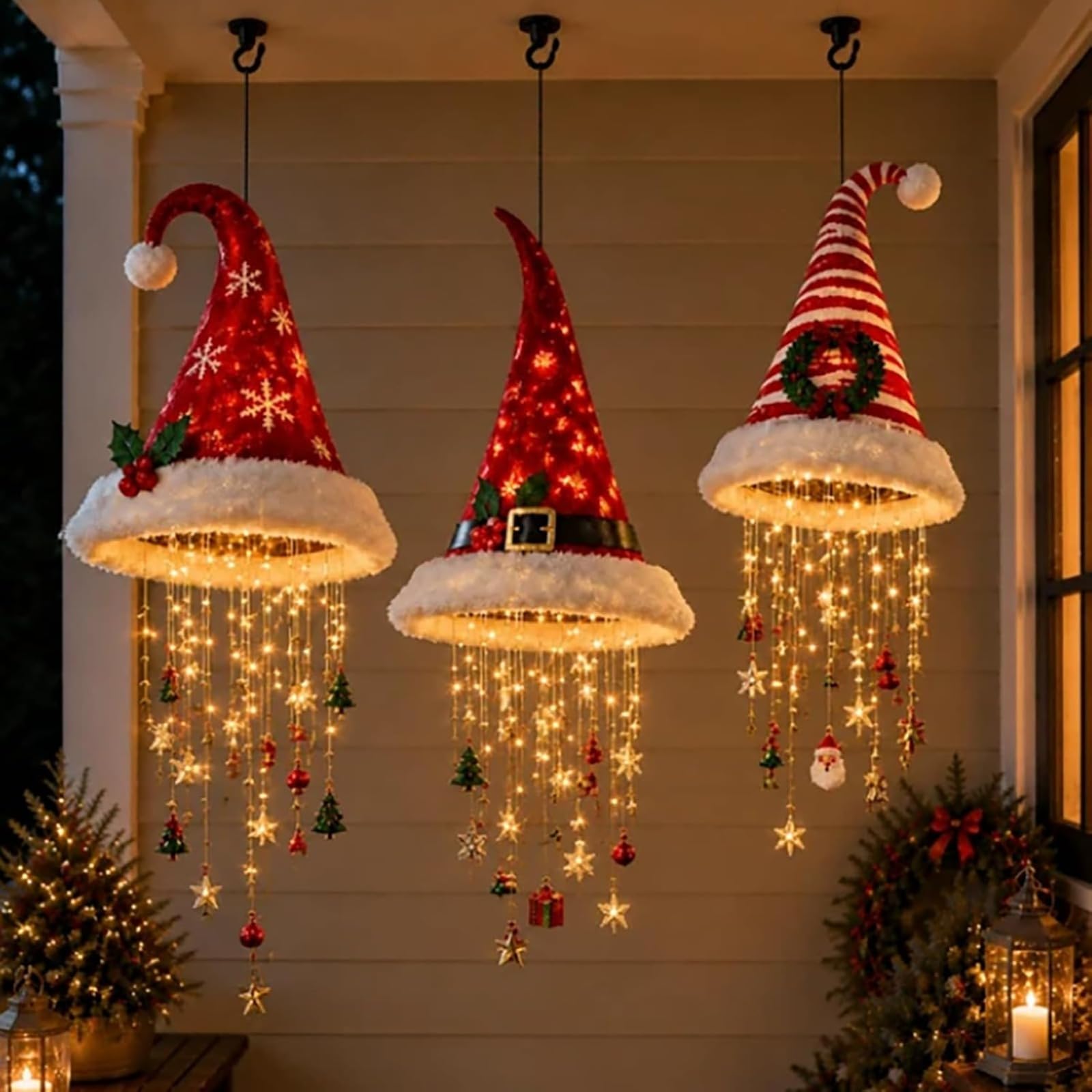 Lighted Santa Hat Hanging Chandelier, Warm LED Christmas String Light (3PCS)