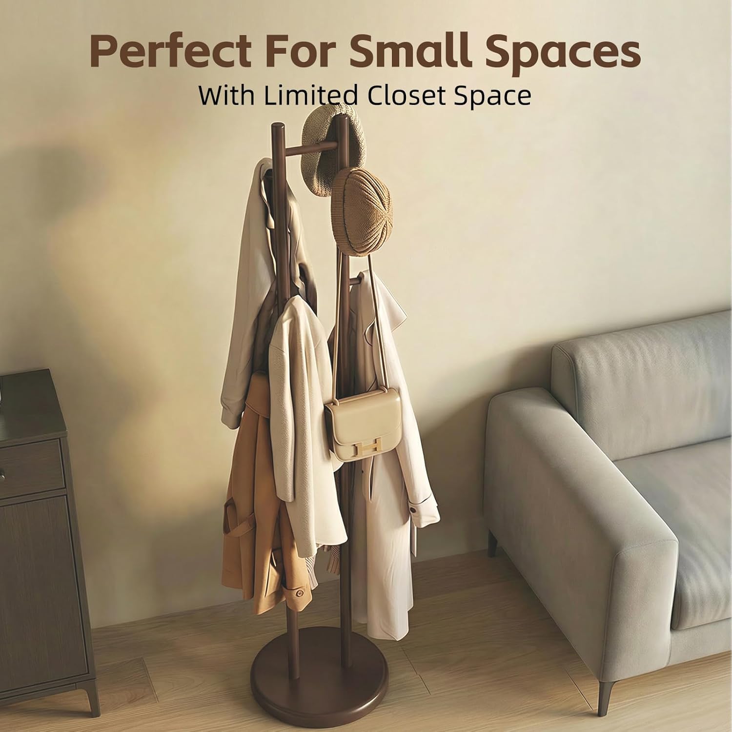 Uniclinens Wood Coat Rack Freestanding - Heavy Duty Freestanding Coat Rack, Wooden Coat Stand with 6 Hooks Creative Tree Branch-look for Entryway, Hallway, Bedroom (Dark Walnut)