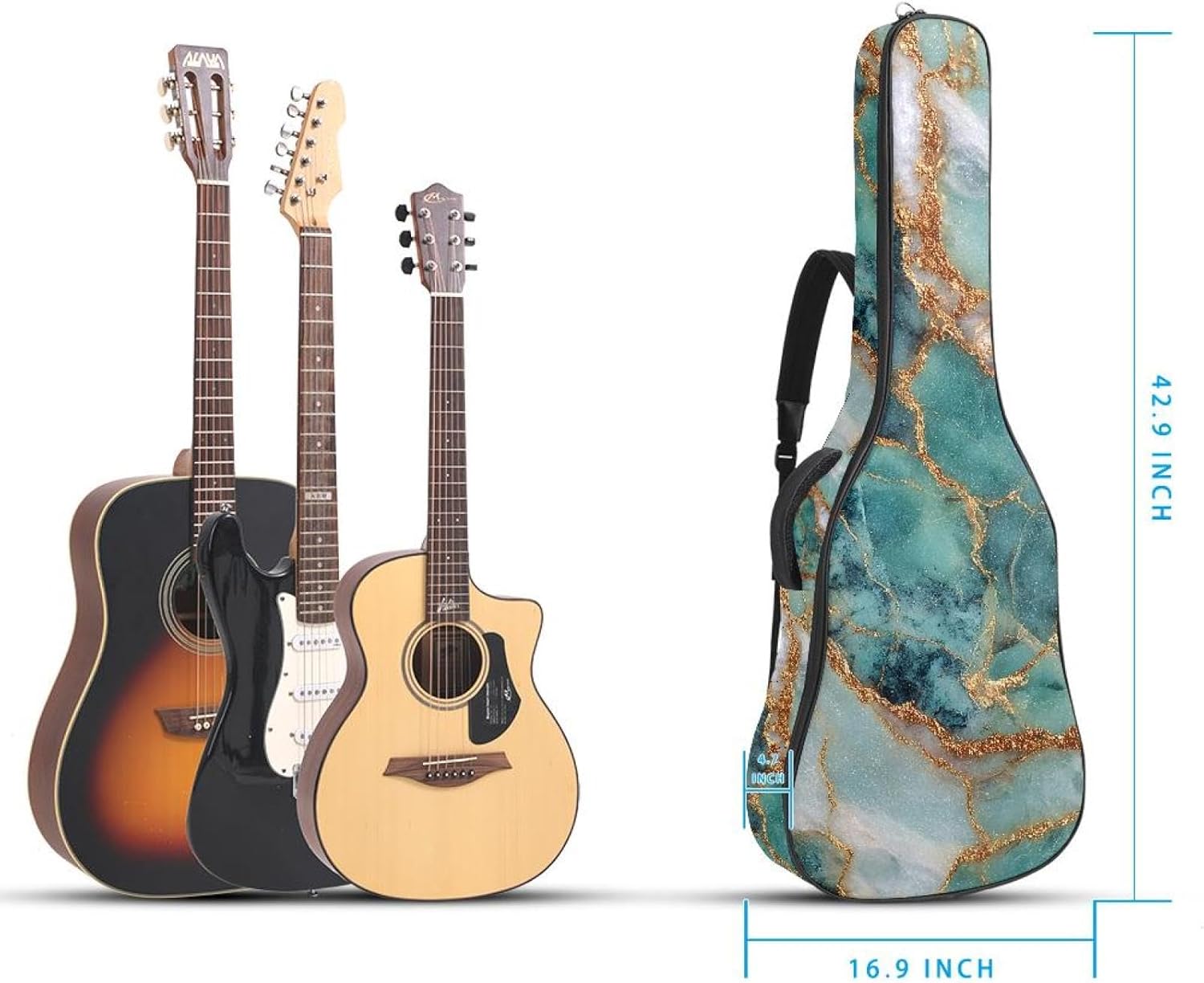 Acoustic Guitar Gig Bag 10mm Thick Padding, Soft Waterproof Guitar Case with Adjustable Backpack Straps for 40-42 Inch Guitar, Green marble texture seamless glitter pattern