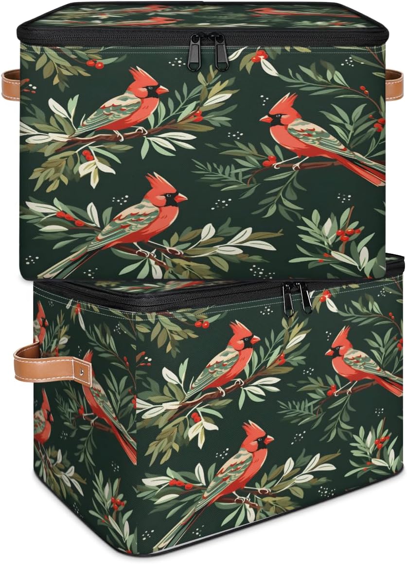 Storage Bin Set of 2 Holiday Christmas Birds Storage Basket with Zipper Lid & Handle Foldable Closet Shelf 2 Pack Cloth Organizer Basket Cube Bins for Bedroom, Nursery