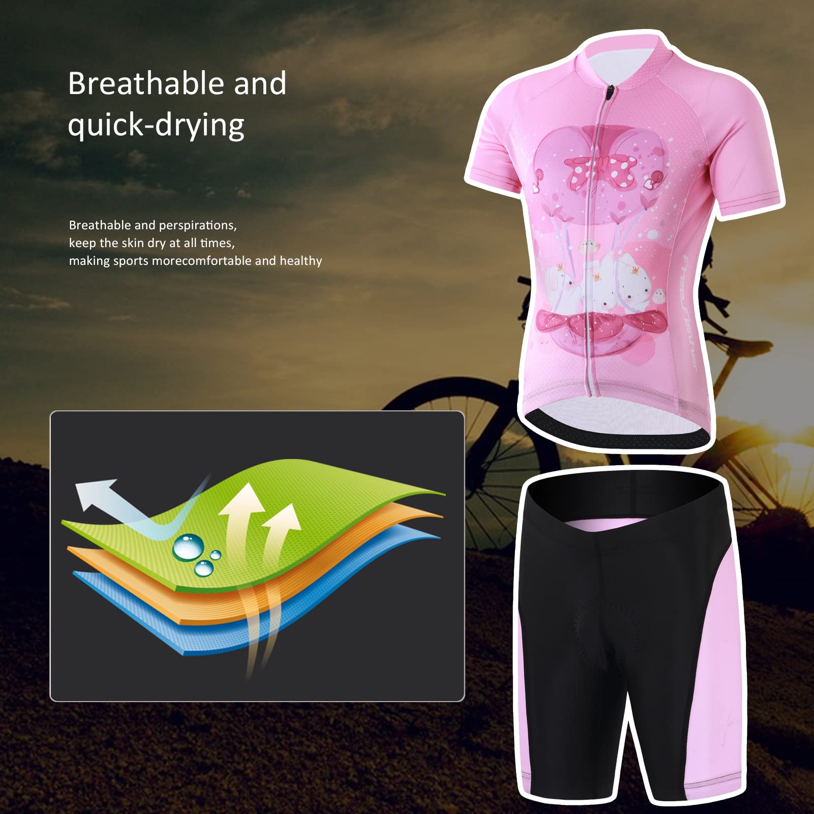Kinder Radtrikot Set Jungen Radsport Bekleidung Mädchen Fahrrad Trikot Kurzarm & Kurz Radhose mit Sitzpolster
