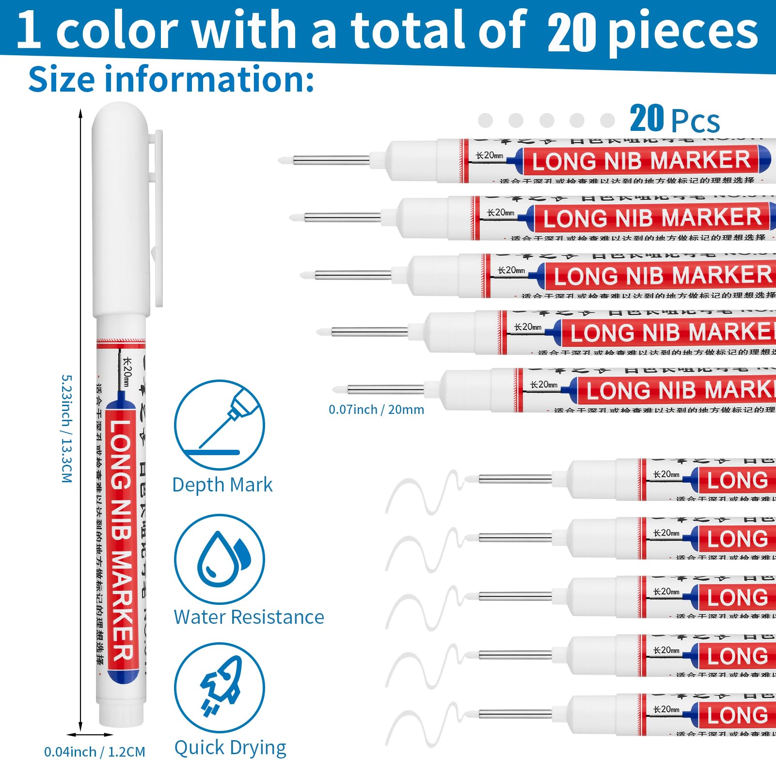 20 PCS Long Nib Marker,20mm Long Head Deep Hole Marker Pens,Longs Nose Markers,Waterproof Construction Markers Marking Tool,Permanent Markers Carpenter Ink marker Pens,Metal marking Pens,White — Amazon image 2