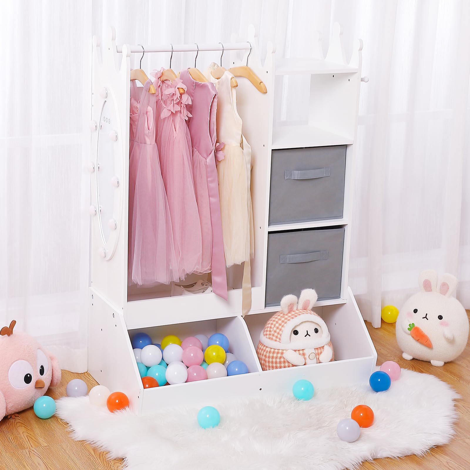 Mädchen Kinder-Kleiderschrank Dress-Up Garderobe aus Holz – Spiegel & Touch-Licht – offene Kleiderstange + Aufbewahrungsbox, fürs Kinderzimmer/Spielzimmer – Farbe: Pink | Farbe: pink