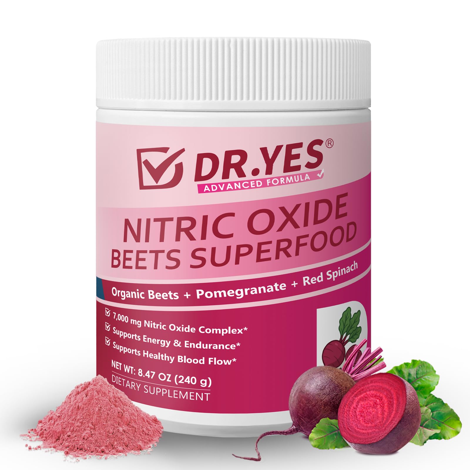 DR YES Pré-treino em pó de beterraba orgânica, complexo de óxido nítrico 7.000 mg, 240 g