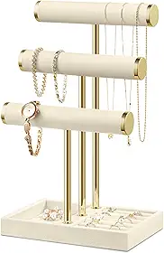 Josmimic Suporte de pulseira organizador de joias – Suporte de veludo barra T de 3 níveis, armazenamento de joias bege para pulseira, colares, relógios