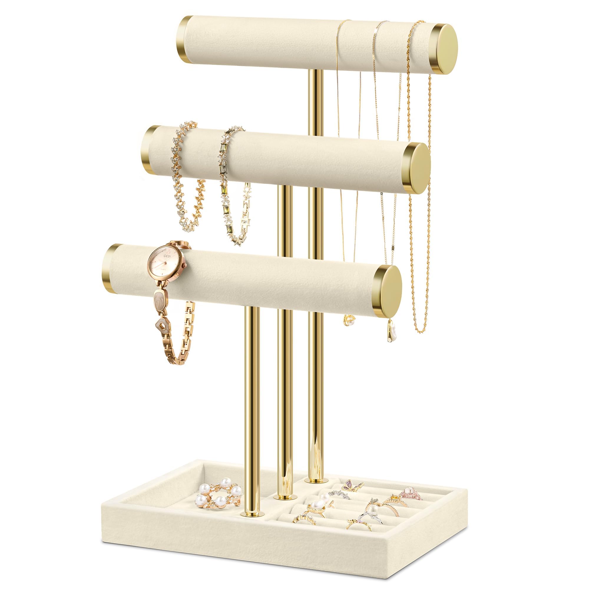 Présentoir bijoux velours beige 3 niveaux anti-rayures pour colliers