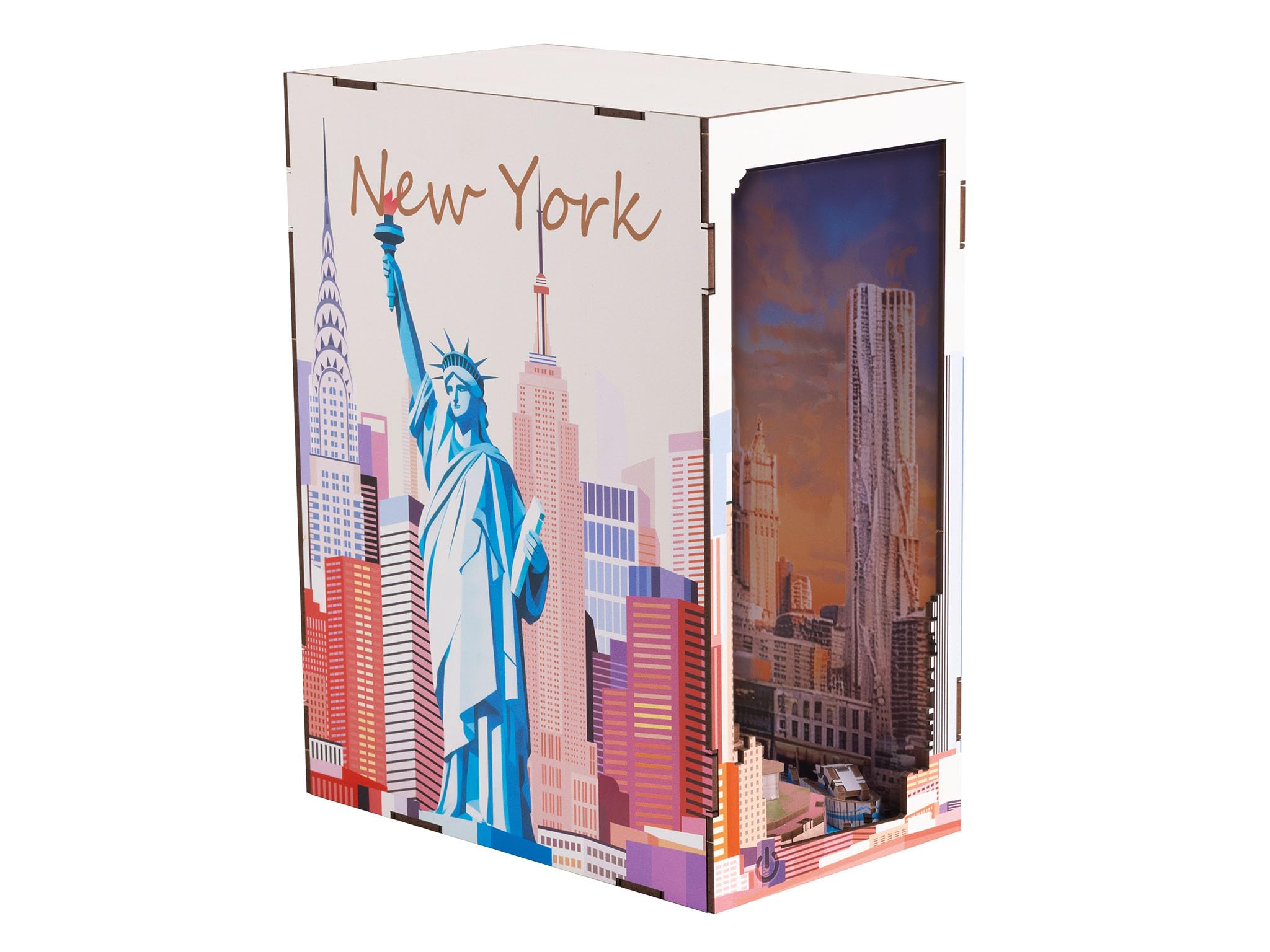 Revell Tiny Adventures New York | Book Nook Holzbausatz Diorama mit LED Beleuchtung | 23 cm Bücherregal Deko | lasergeschnittenes Stecksystem für Erwachsene ab 14 Jahren
