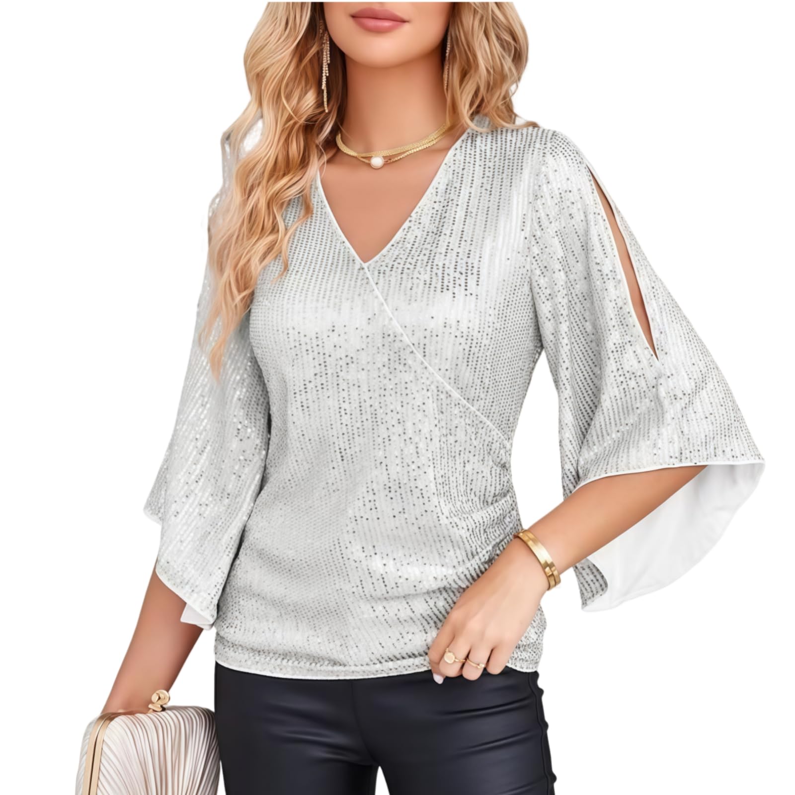 Camicetta elegante da donna con maniche a 3/4, con scollo a V, con paillettes glitterate, per feste e serate