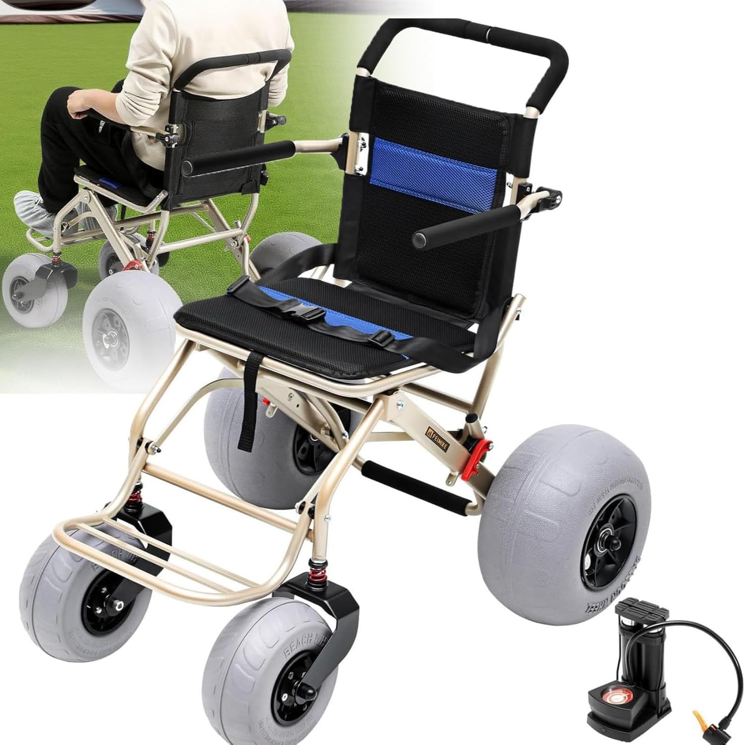 Silla de Ruedas de Playa Todo Terreno Silla de Ruedas Ligera para Playa con Neumáticos de Globo de 12'' y 9'' Diseño Plegable Ruedas de Liberación Rápida