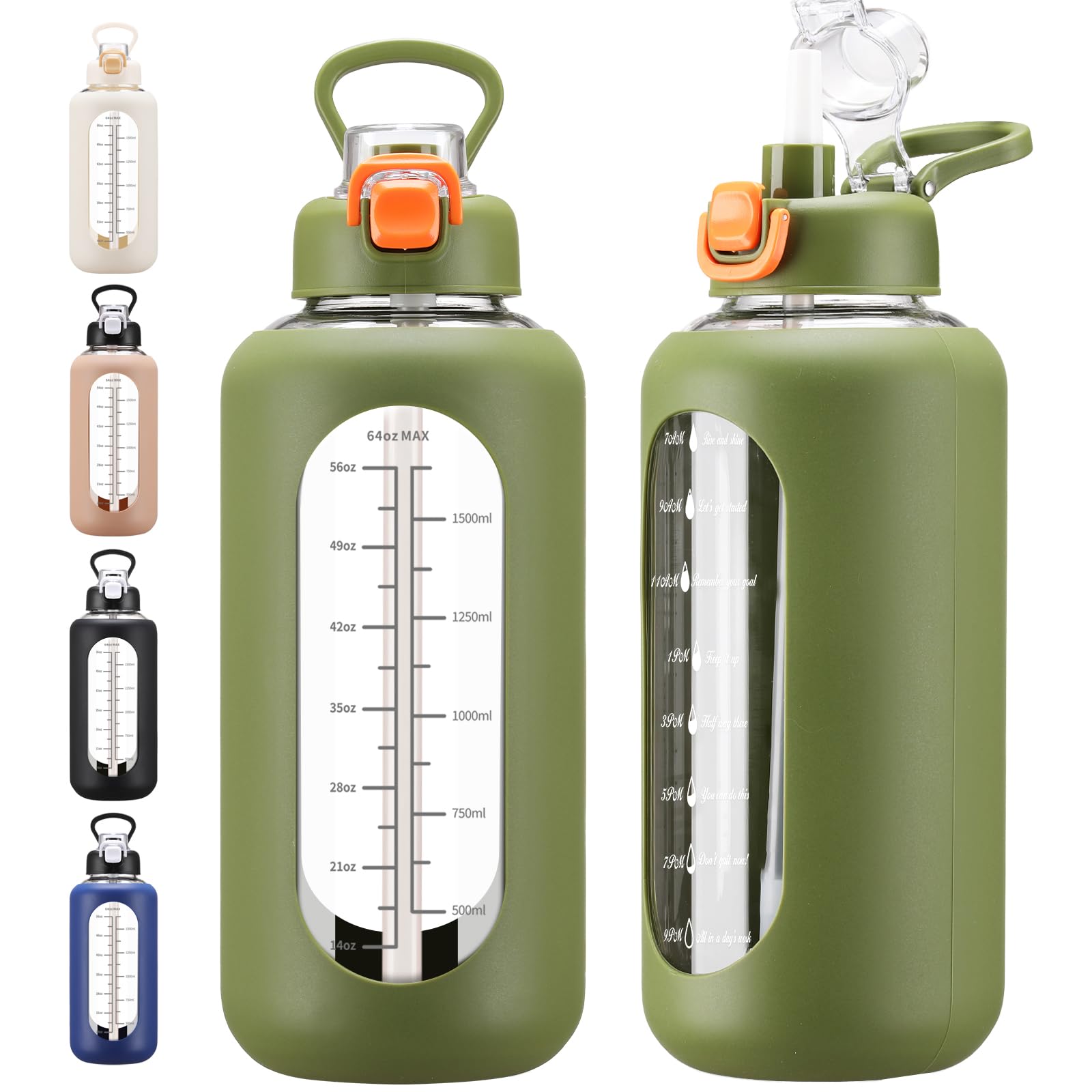 chunmo 64 oz Glass Water Bolttles with Straw Half Gallon Large Motivational Water Bottle with Time Marker Sports Water Bottles with Silicone Sleeve
