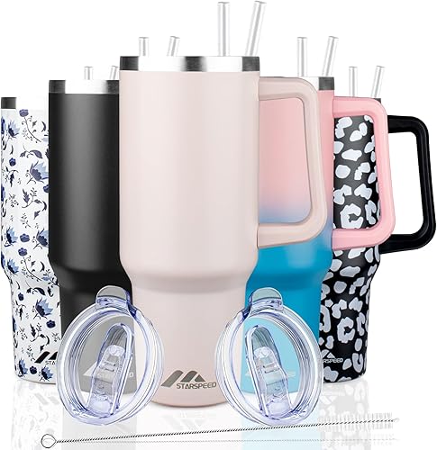 Vaso de 40 onzas con asa y tapa con popote, botella de agua de acero inoxidable, taza aislada reutilizable con tapa y popote, mantiene el frío calor