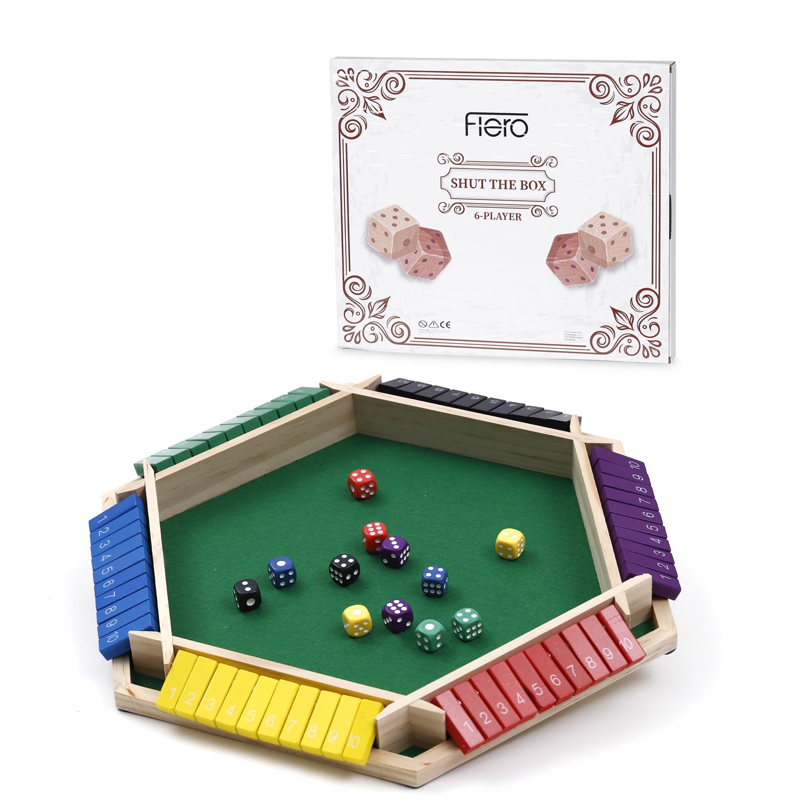 Flero Shut The Box - Set di dadi a 6 giocatori, tattica e gioco di calcolo (multicolore)