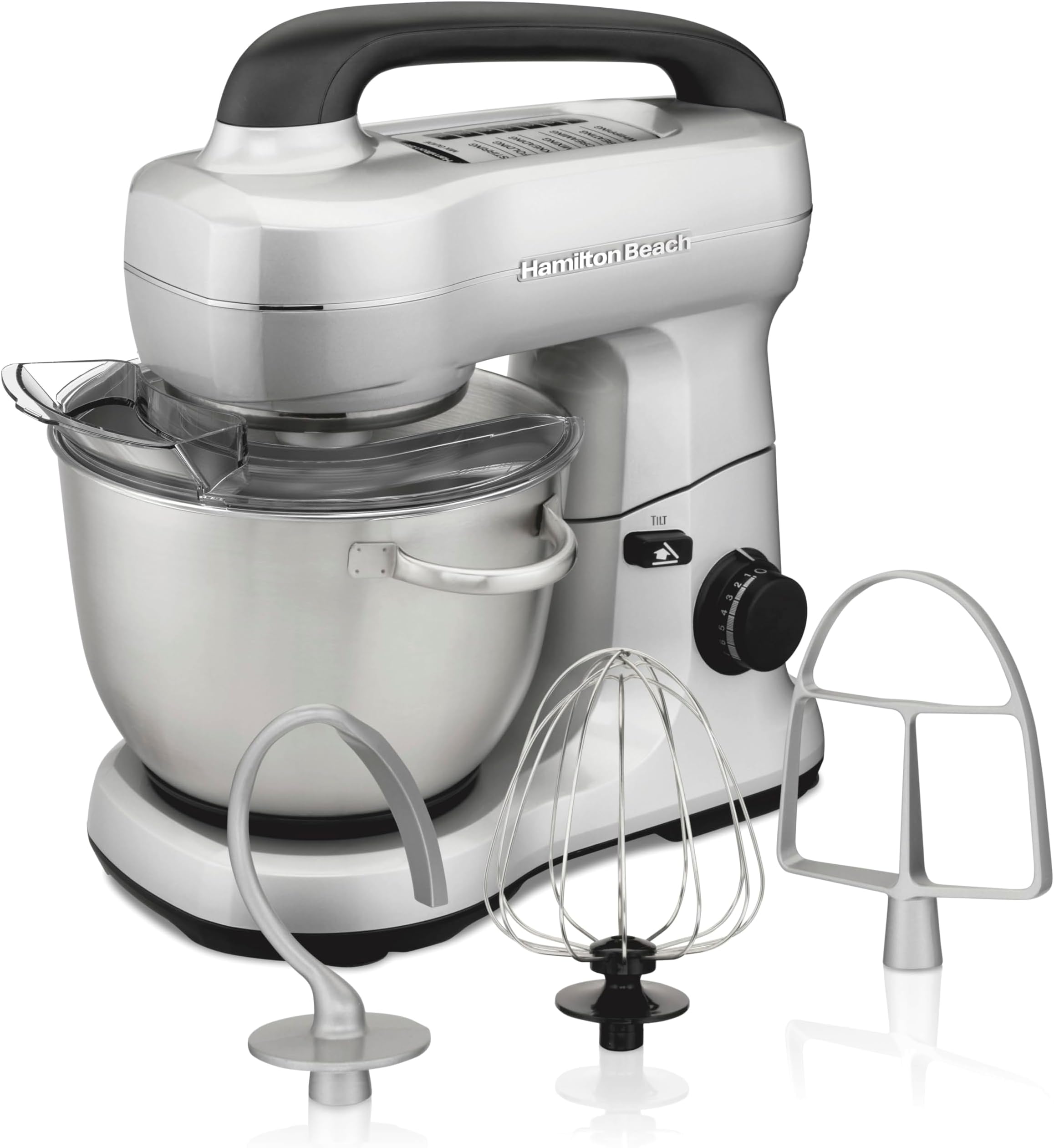Electric Stand Mixer, 4 Quarts, Dough Hook, Flat Beater Attachments, Splash Guard, 7 Speeds with Whisk, Easy-Carry Top Handle, Silver