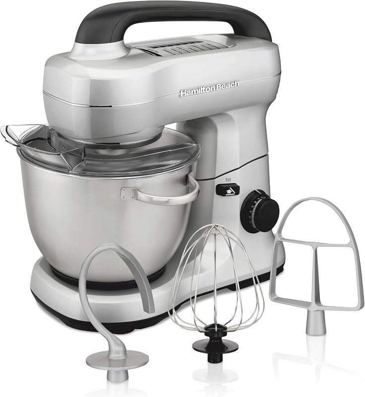 4 Qt Electric Stand Mixer With 7 Speeds, Easy-Carry Handle | Planetary Mixing For Full Bowl Coverage | Splash Guard | 300 Watts | Whisk, Flat Beater, Dough Hook | Mixing Guide | Silver