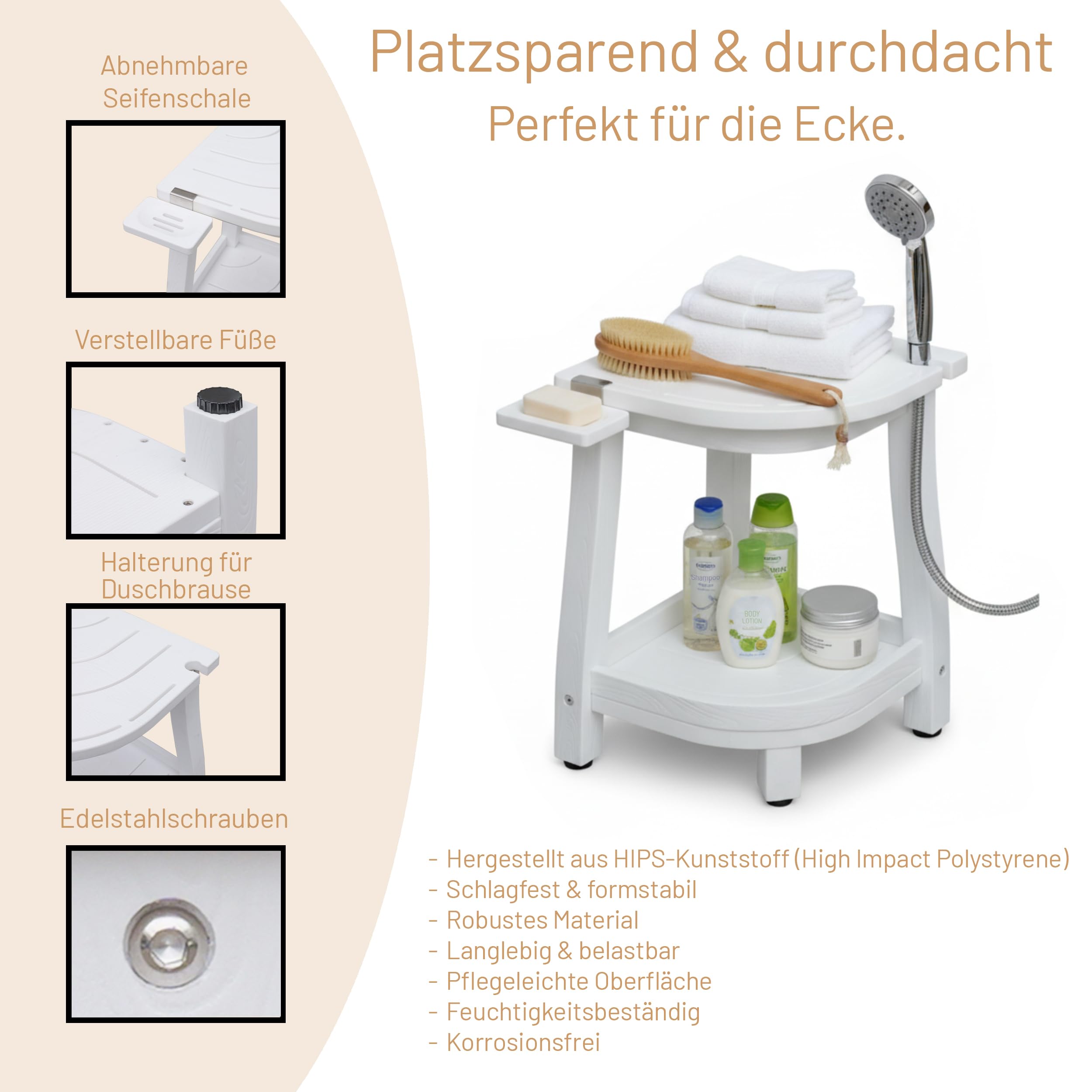 HABAU Premium Duschhocker & Eckduschhocker aus HIPS Kunststoff in Holzoptik – Badhocker mit Ablage, Seifenschale & Duschkopfhalterung – Duschsitz Wasserfest, Rostfrei & rutschfest (Weiß, Eckhocker)
