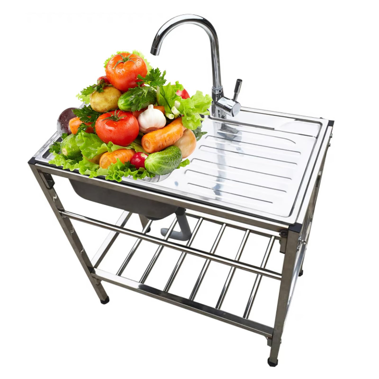 YADZISW Stainless Steel Freestanding Sink Utility Kitchen W/Workbench & Storage Shelves With Drainer Unit And Tap For Outdoor Garage Commercial Restaurant Laundry Room(Size:Single Cold)