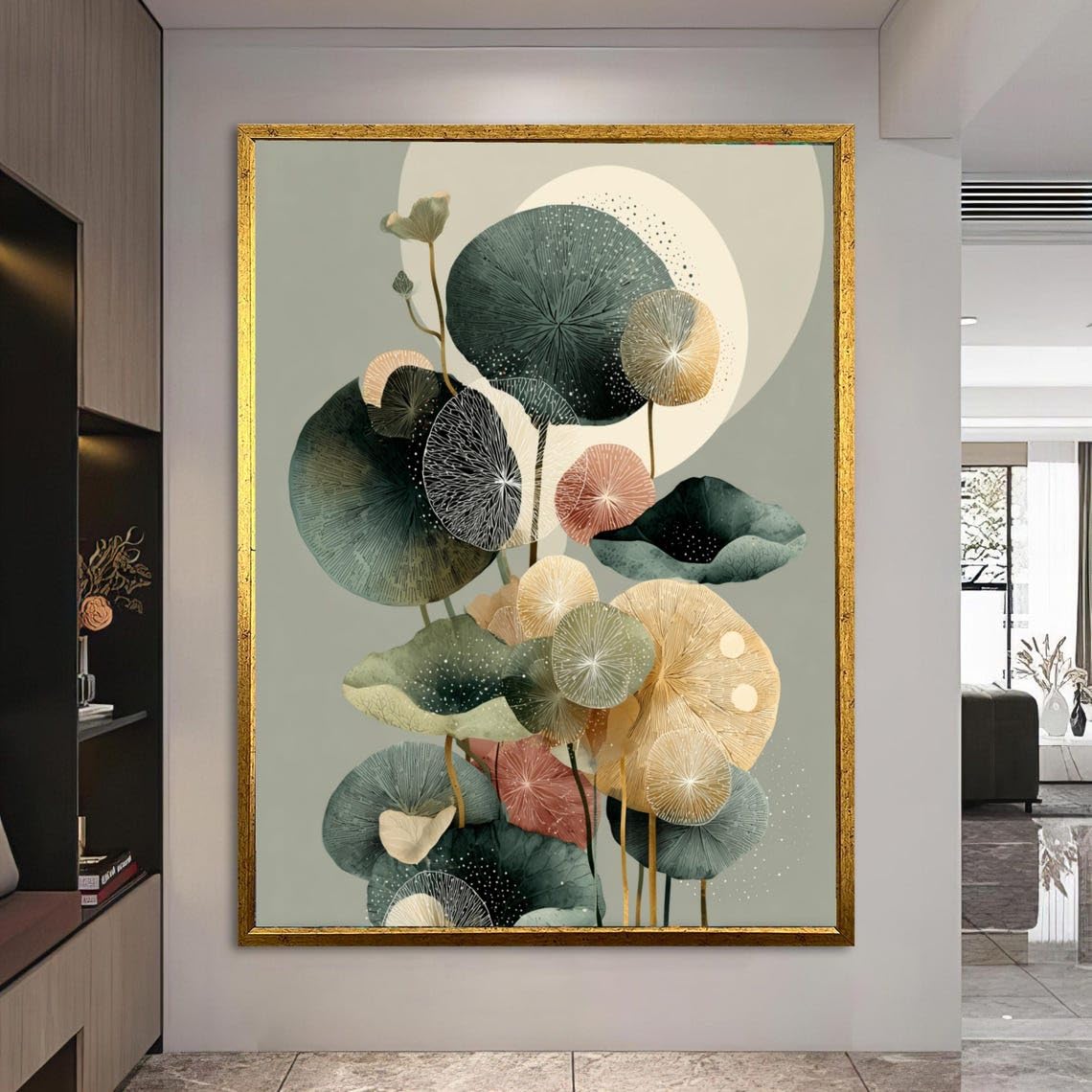 YUSUZHU Abstract Botanical Canvas Wall Art, Floral Leaves Painting, Nature Inspired Home Decor, Green and Beige Wall Art Design(50x70cm/Frameless)