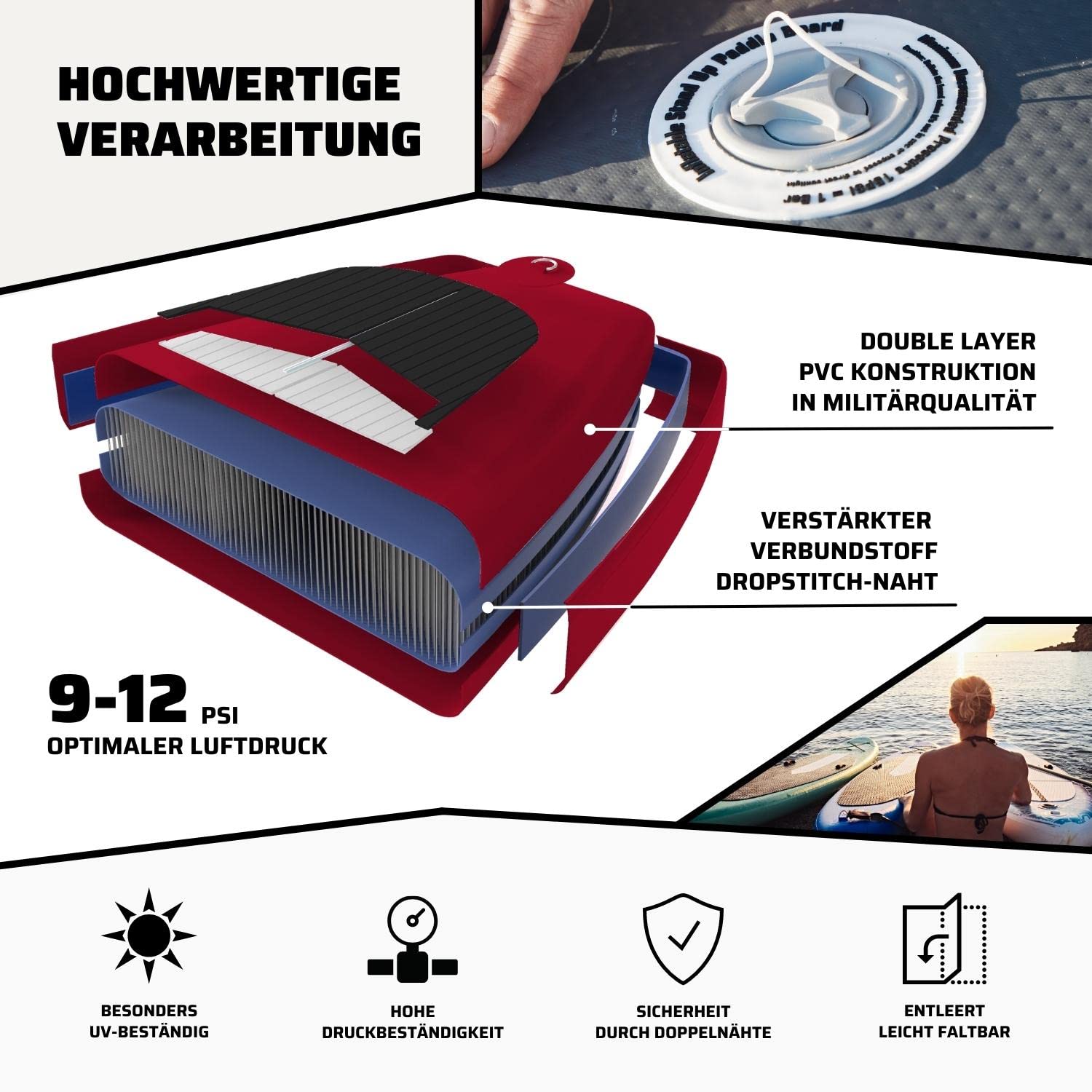 Suprfit Lailani czerwona deska SUP I Stand Up Paddle Board I kompletny zestaw: Deska do wiosłowania, torba transportowa, wiosło, pompka powietrza, przewód bezpieczeństwa, zestaw naprawczy I Solidna konstrukcja z podwójną warstwą