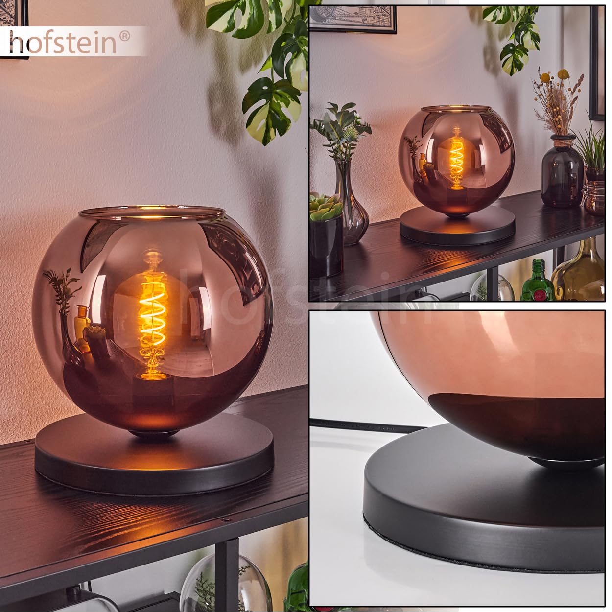 Tischleuchte Koyoto, Tischlampe aus Metall/Glas in Schwarz/Kupferfarben, Leuchte im modernen Retro/Vintage-Design mit Schirm aus Glas (Ø 25 cm) u. An/-Auschalter am Kabel, 1 x E27, ohne Leuchtmittel