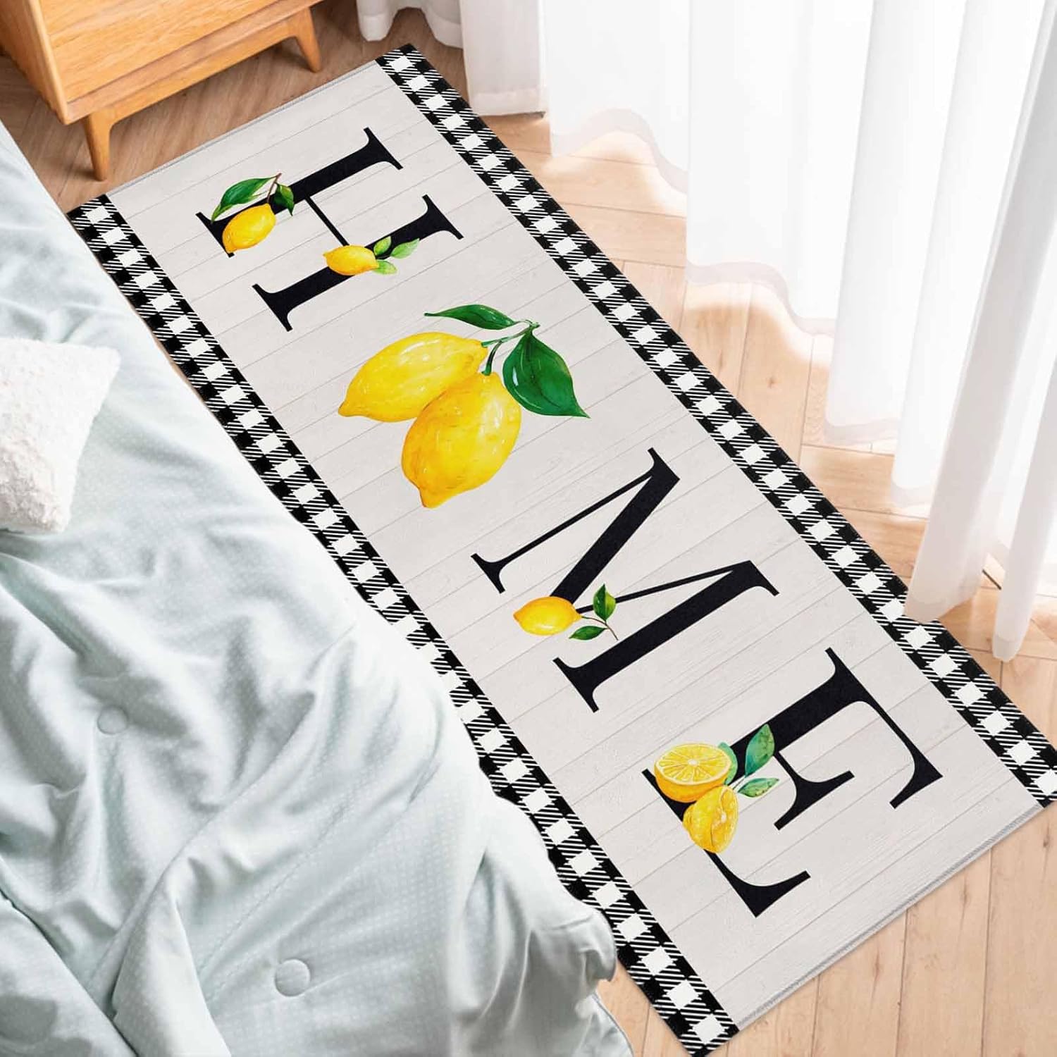 Teamery Kitchen Mats for Floor Country Home Text Buffalo Plaid Washable Non Slip Kitchen Rugs 1PCS, Summer Lemon Wood Board Absorbent Standing Mats for Sink Bathroom Office Living Room 23.6x70.9in
