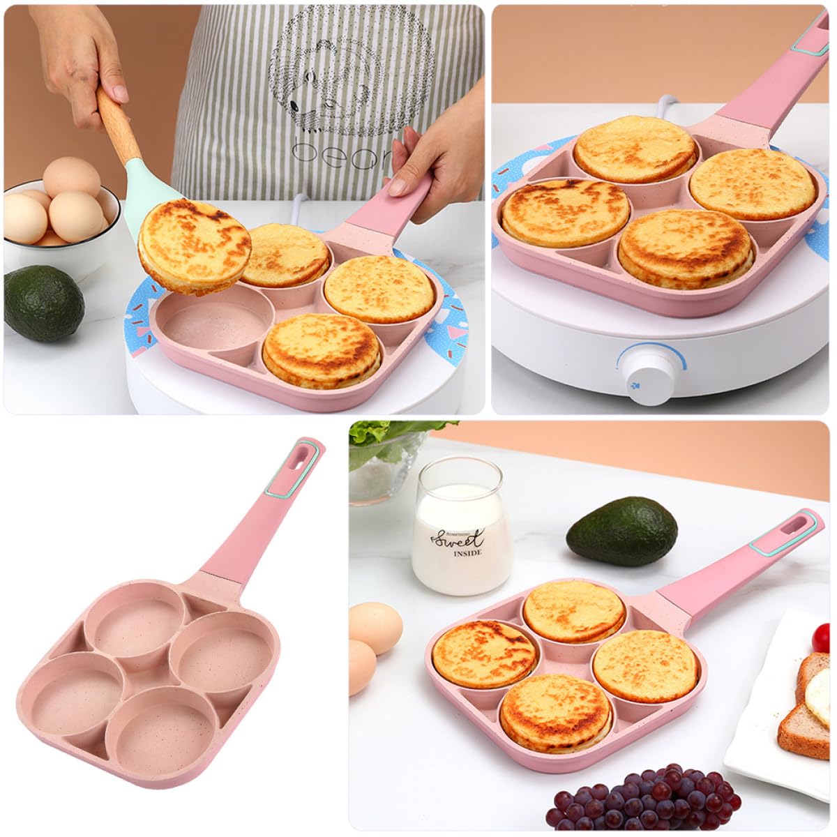 ibasenice Padella Facile da Pulire 4 Fori Uova Antiaderente e in Lega di Alluminio per Rosa Preparare Hamburger e Pancake