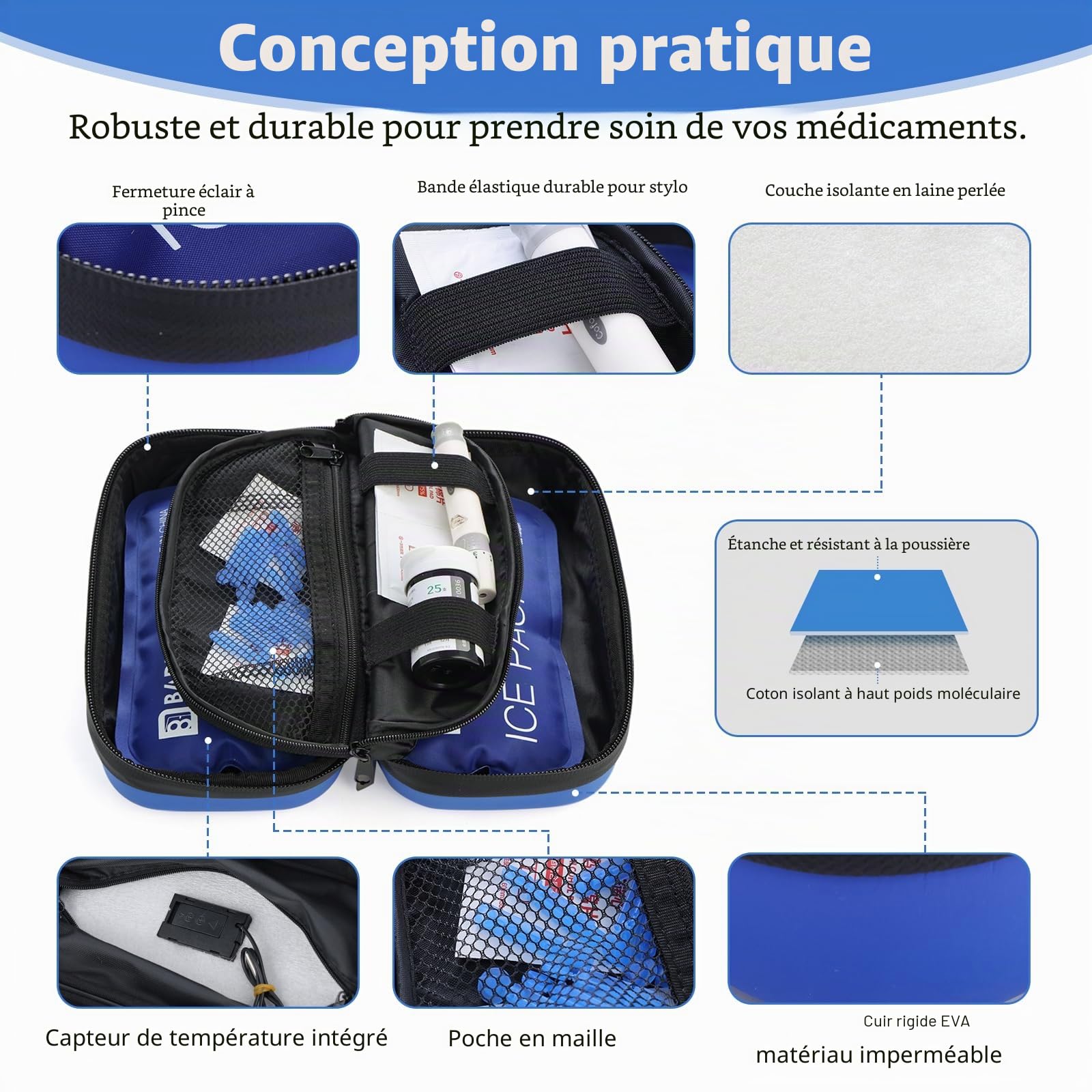 Glacière à insuline approuvée par la TSA pour Voyage avec thermomètre, Affichage de la température, Sac de Voyage pour diabétique avec 2 Blocs réfrigérants réutilisables pour Voyage