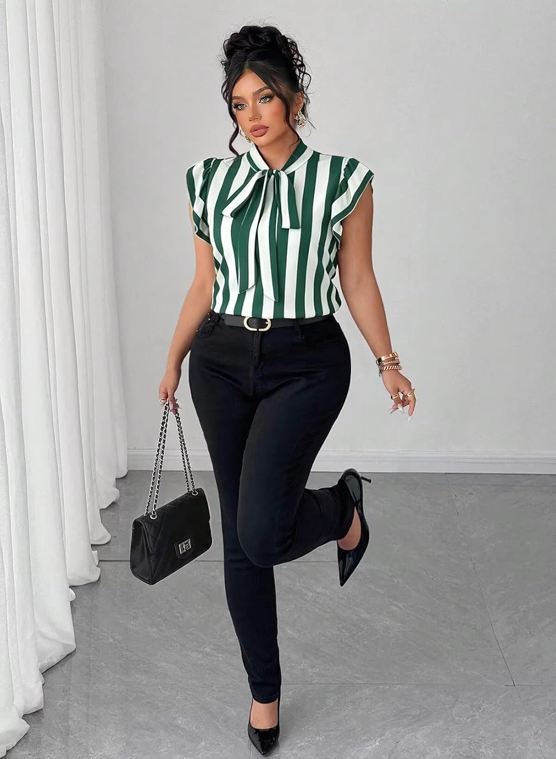 Falechay Women's Vertical Striped Tie Neck Blouses Ruffle Cap Sleeve Summer Work Tops Dressy Casual Elegant Business Shirts