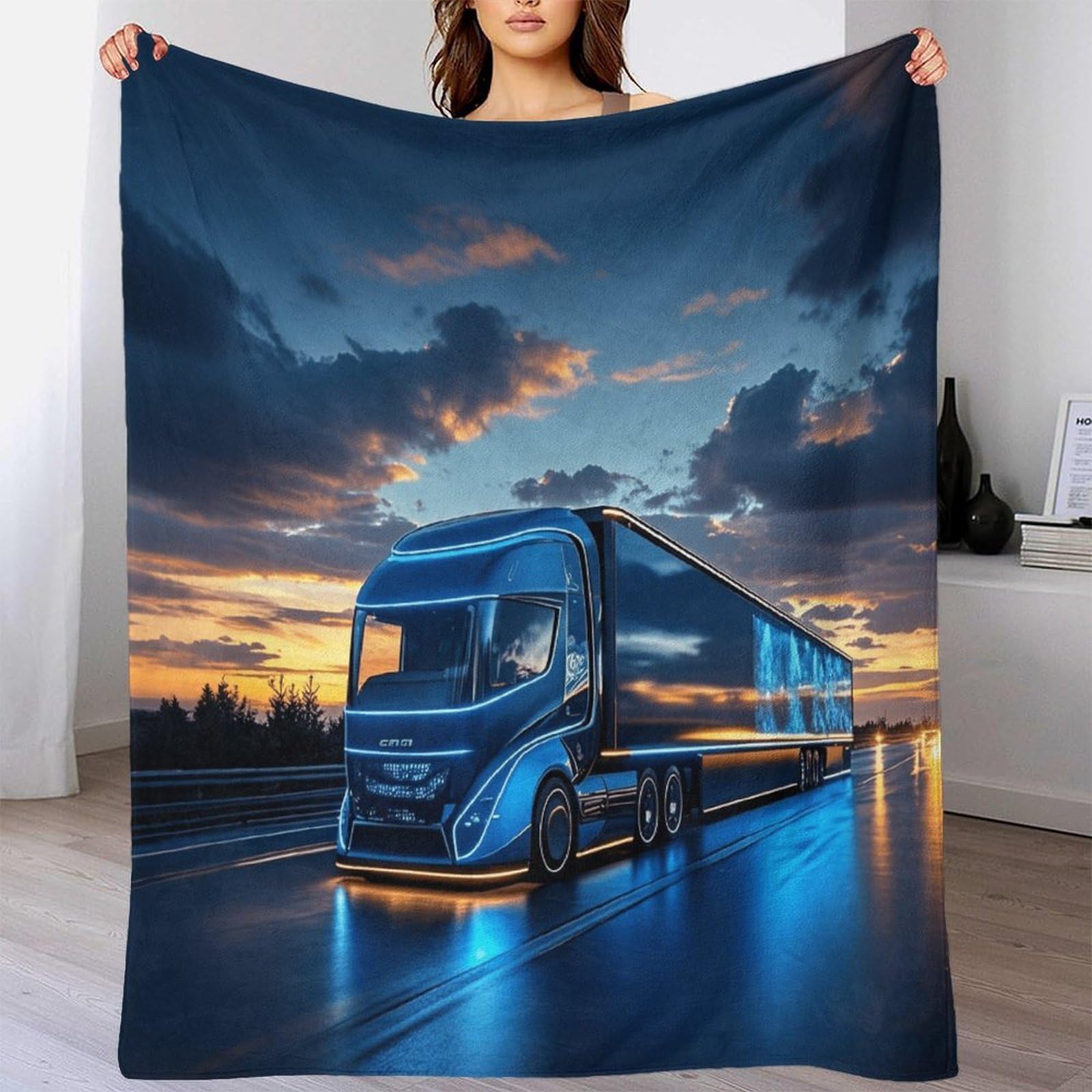 Super Soft Flannel Fleece Truck in The Evening Throw Blanket for Couch, 3D Bubble Warm Fluffy Lorry Blankets 50x60inch(127x152cm) for Bed Sofa, Lightweight Cozy Fuzzy Blanket for All Seasons
