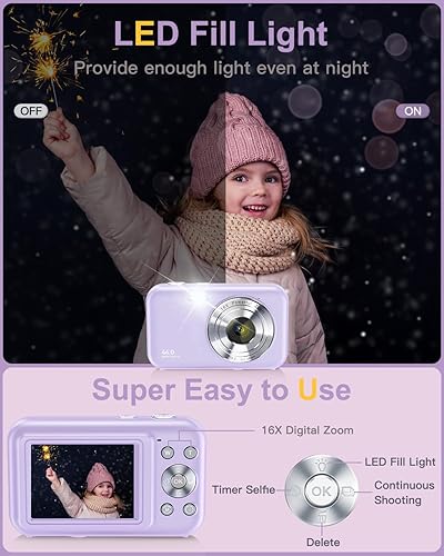 Miniatura 4 de Cámara digital, FHD 1080P para niños con cordón para el cuello, tarjeta de 32 GB, zoom digital antivibraciones 16X, cámaras de disparo de punto de
