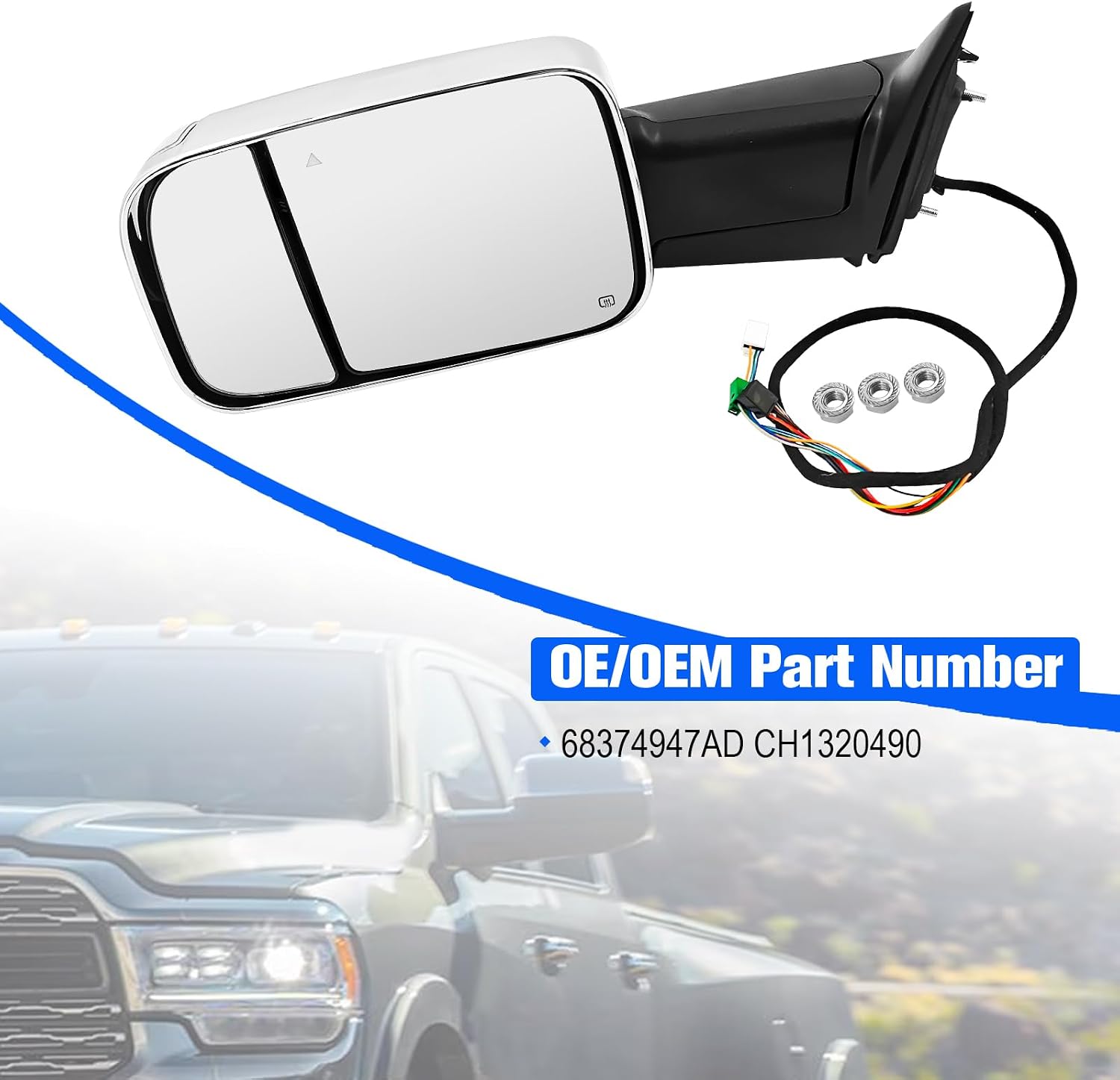 Left Driver Side Tow Mirror Chrome Fits for Ram 2500 3500 2019-2022 Support Power Folding Power Glass Adjust & Heated Support BSM with Turn Signal Light Puddle Light