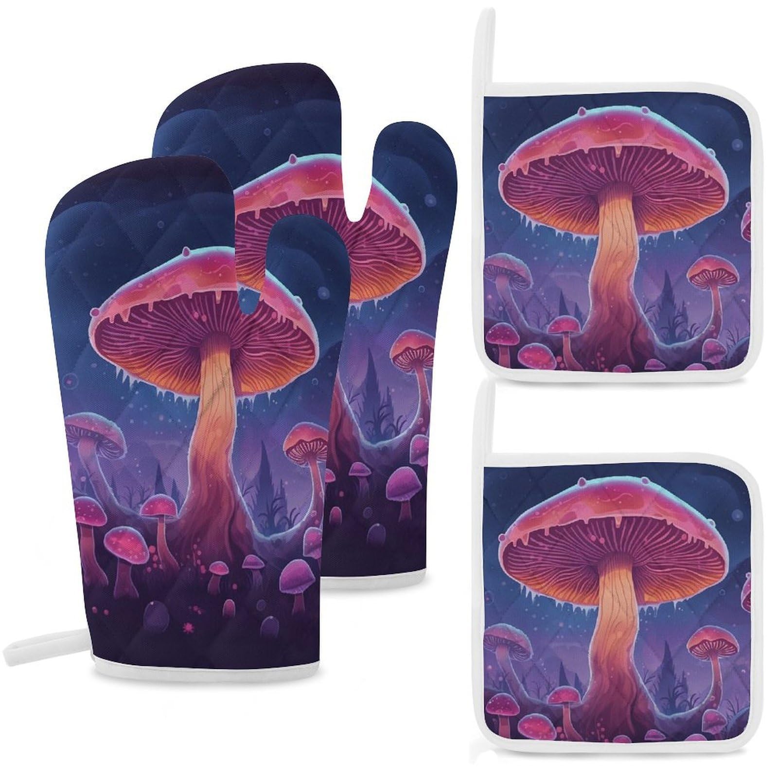 Oven Mitts and Pot Holders Set of 4 Heat Resistant Non-Slip Kitchen Gloves Hot Pads Magic Mushroom Mittens Gloves Non-Slip Potholders for Cooking Baking Grilling BBQ