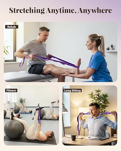Miniatura 7 de Correa Trideer para estiramiento y yoga para terapia física, 10 bucles de correas de yoga para estirar, correa de estiramiento no elástica para