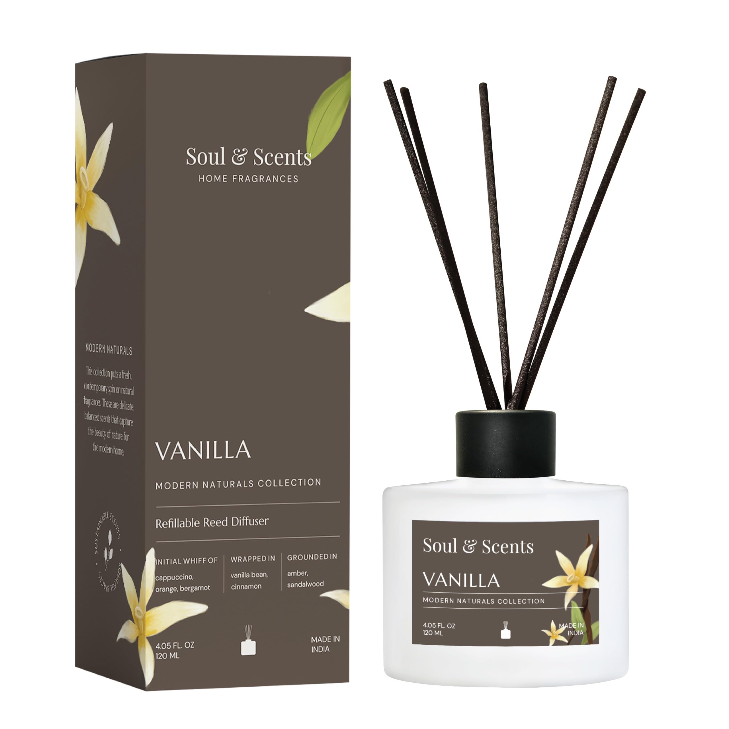 Soul & Scents 120Ml Vanilla Reed Diffuser Set | Free 6 Fiber Reed Sticks | Toxin Free & Stress Relief | Long Lasting | Smoke Less Room Freshener for Home, Bedroom, Living Room & Office
