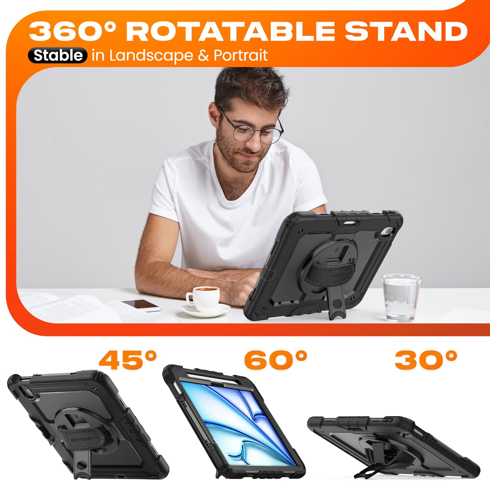 SEYMAC stock Case for iPad Air 11-inch M4-M2 2026-2024 Gen 8-6 Shockproof Heavy Duty Case with Screen Protector Pencil Holder Rotating Stand Hand Strap Shoulder Strap Black product thumbnail 6