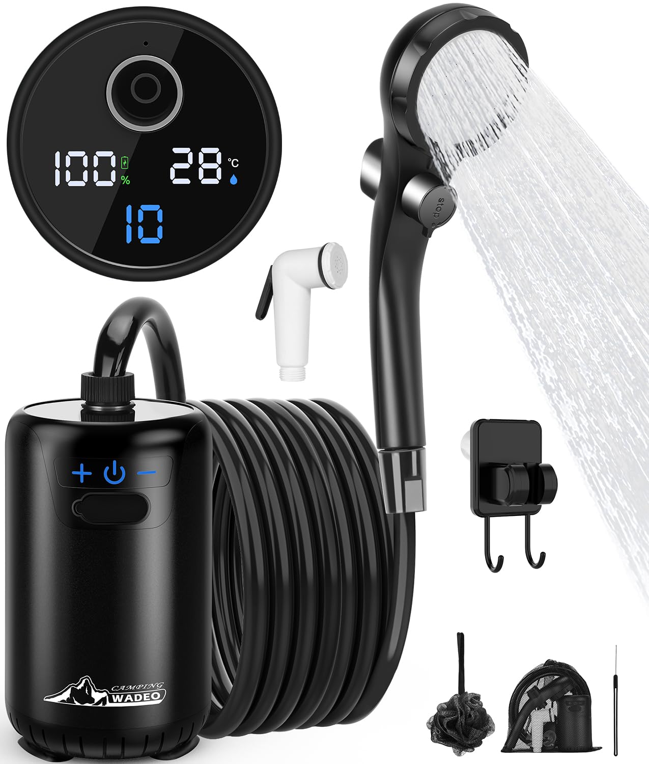 WADEO Doccia da Campeggio, [Nuovo Modello] [10 Livelli di Flusso] Display Chiaro per Temperatura e Batteria, Doccia Portatile Ricaricabile per Spiaggia, Animali, Auto, Giardino