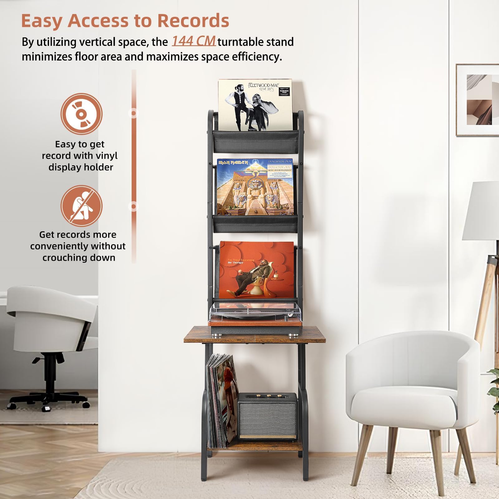 Mobile Giradischi e Porta Vinili, Porta Dischi Vinile, Vinili da Parete a 3 Livelli, Mobile per Giradischi e Vinili Archiviazione fino a 200 Albums, Cds