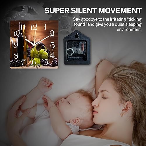 Miniatura 2 de ArtSocket Reloj de pared de madera silencioso sin tictac, uvas de vino tinto, estilo granja, moderno, cuadrado, rústico, reloj de pared decorativo