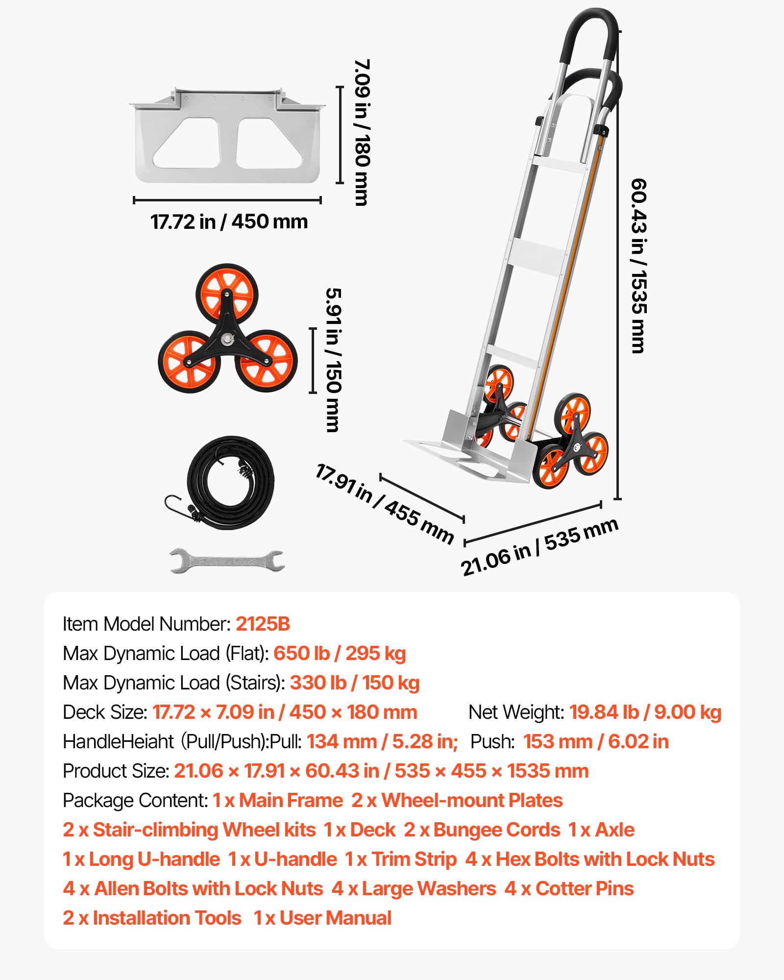 VEVOR Carrello Saliscale Capacità di Salita Scale 150 kg, Carrello Pieghevole in Lega di Alluminio con Maniglia Telescopica, 6 Ruote e 2 Corde Elastiche, per Casa, Generi Alimentari, Magazzino