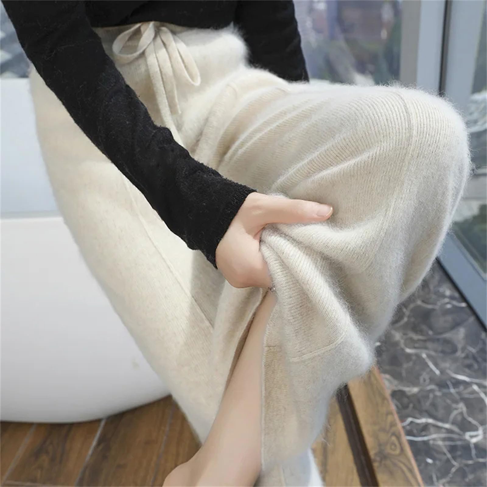 Kelsiop Pantaloni da donna a gamba larga con lacci elasticizzati in vita pantaloni in cashmere pantaloni invernali piatti senza deformazioni