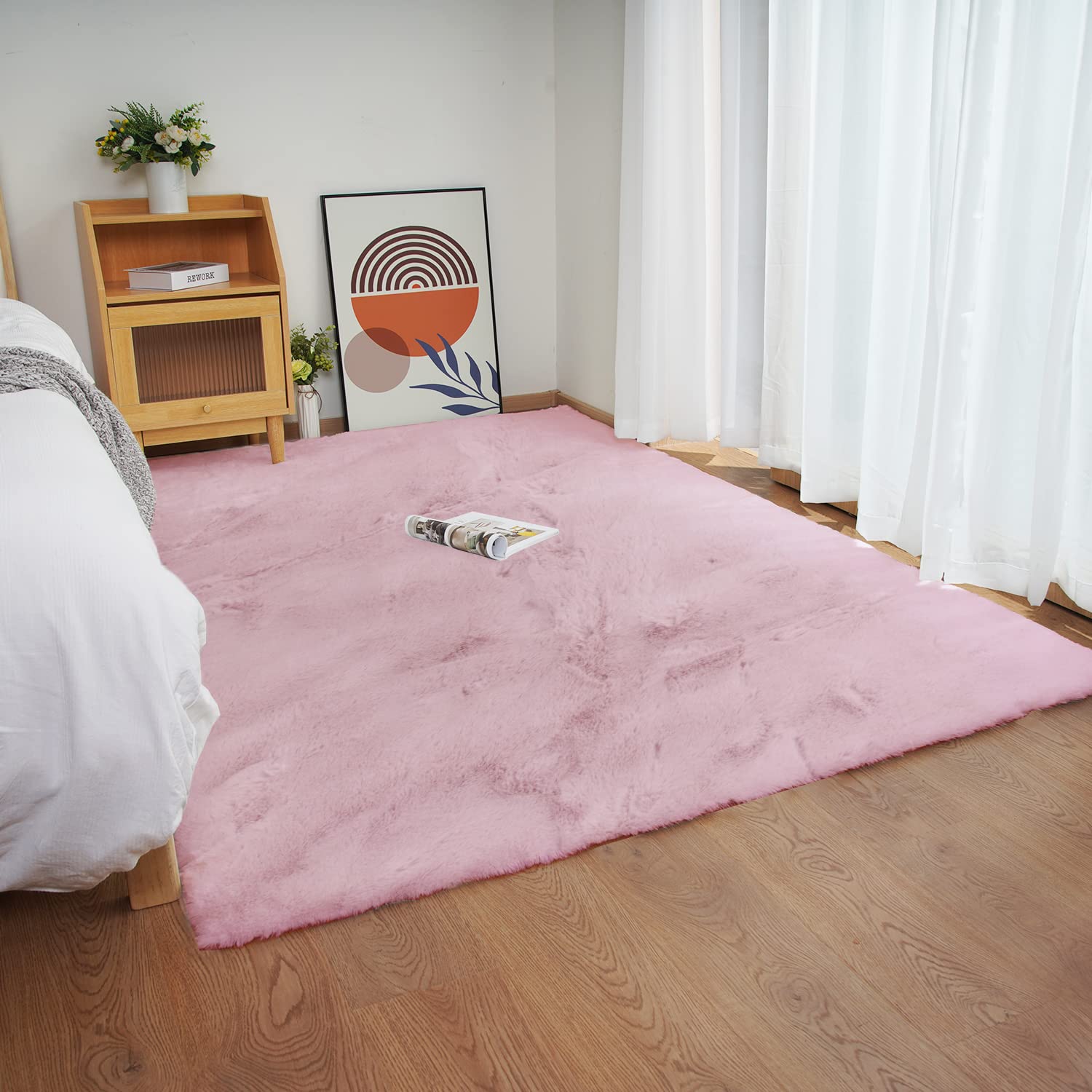 Ghouse Faux Tappetto di Pelle di Pecora Tappeto a Pelo Corto Lavabile Fluffy Uni Effetto Pelliccia Antiscivolo Facile da Pulire, Dimensione:150 x 240 cm, Colore: Rosa