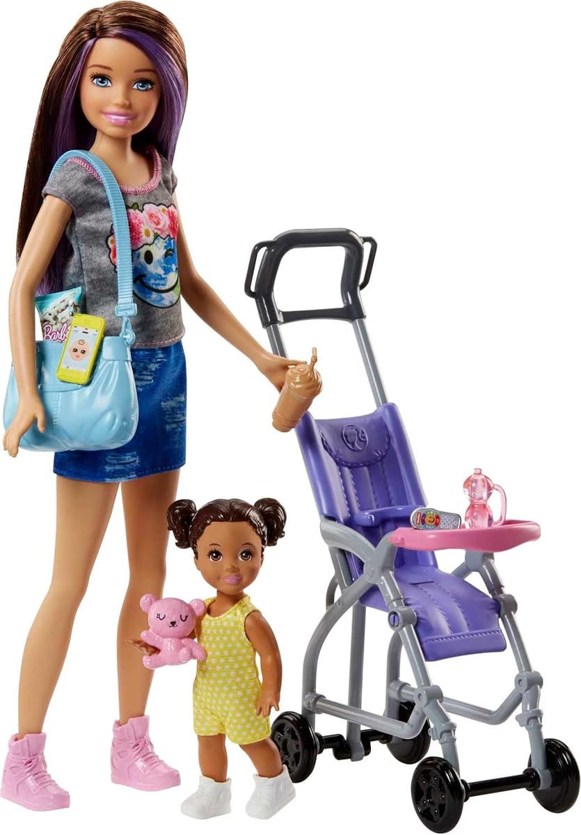 Barbie - Juego de niñera con muñeca Skipper, muñeca bebé, cochecito hinchable y accesorios temáticos