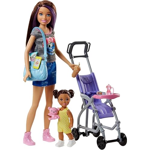 Barbie Skipper Babysitters Inc 2 Dolls & Accessories Set with Brunette Skipper Doll, Small Doll & Bouncy Stroller (Amazon Exclusive)
