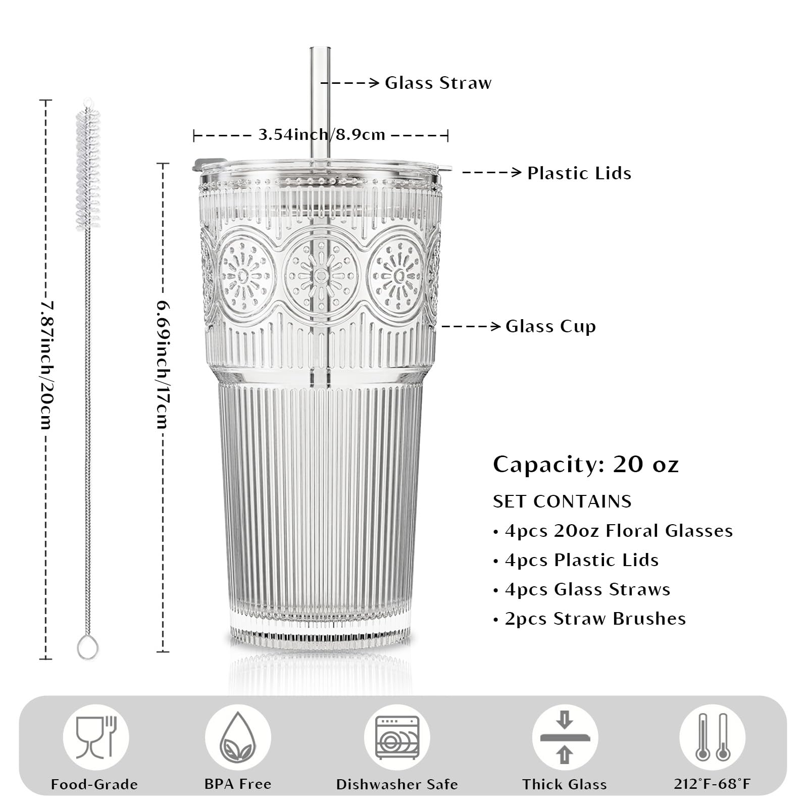 INSETLAN Lot de 4 gobelets en verre nervuré et floral avec couvercles et pailles, 567 g – Gobelets réutilisables pour eau, smoothies, thé et jus – Parfaits pour les voyages et un usage quotidien