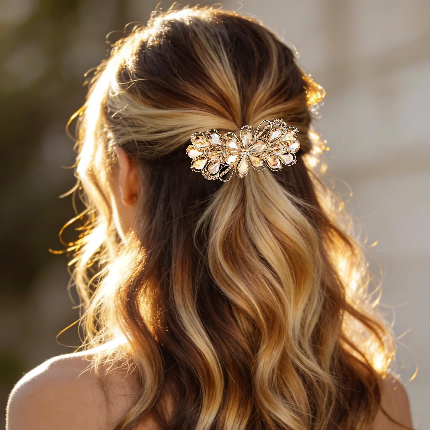 Large Rhinestone Hair Barrette for Women, Flower Crystal Hair Clips, Sparkly Crystal Hair Jewelry Accessories, for Wedding Prom Dressy Daily Occasions (Champagne)