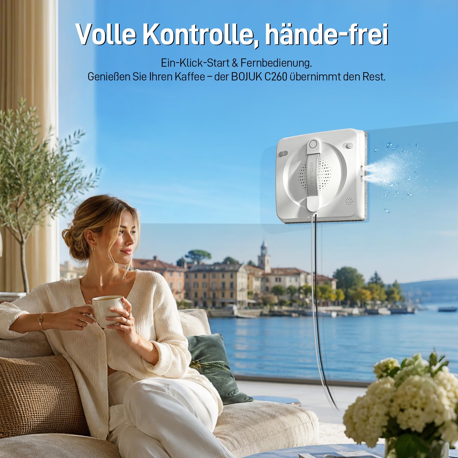 Fensterputzroboter mit 5000Pa Saugkraft & 4-Düsen Sprühsystem, Intelligenter Fensterroboter mit Automatischer Wassersprühfunktion & Kantenerkennung, 3 Reinigungsmodi für alle Glasflächen