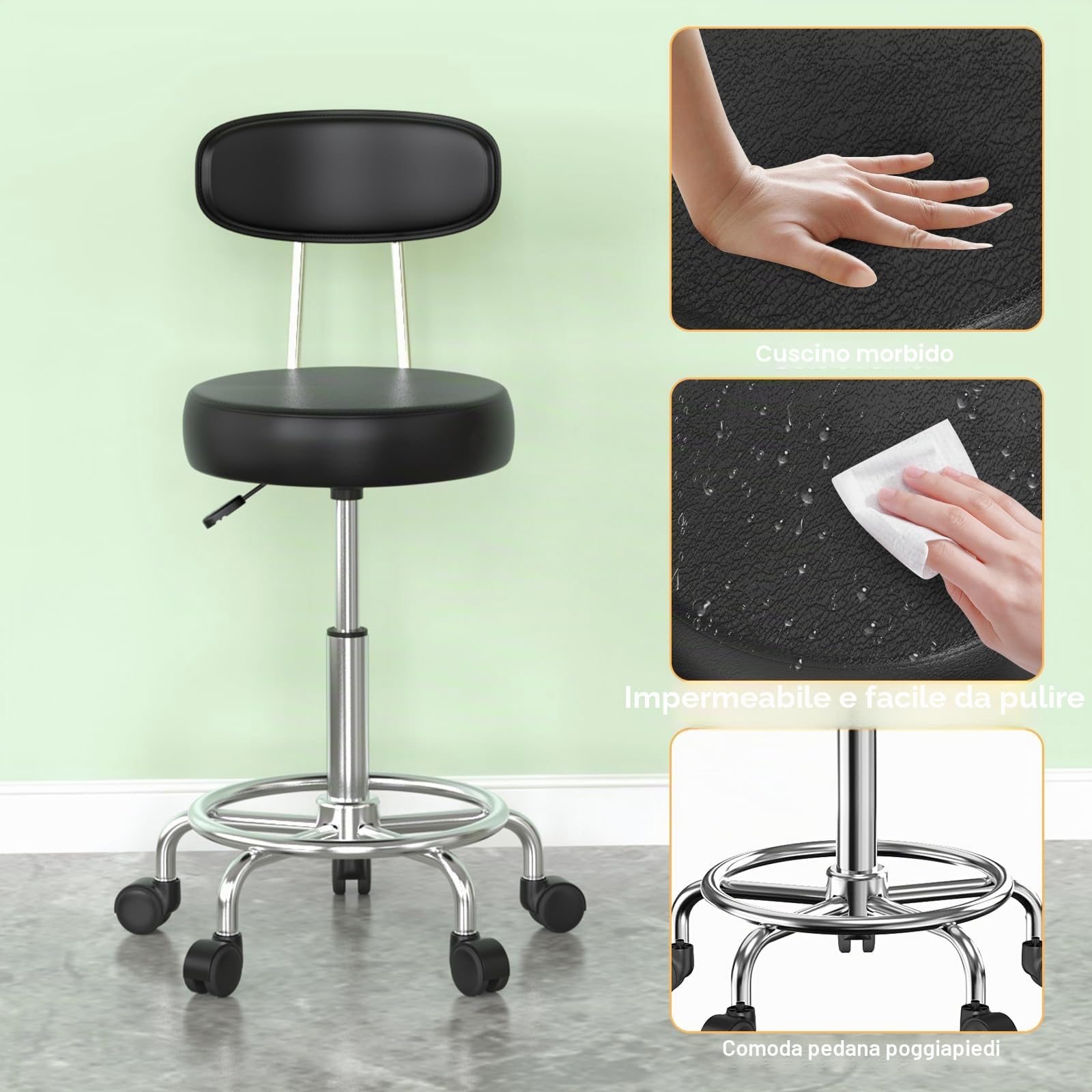 2 Sgabello con Ruote, Nero Sgabelli Regolabile in Altezza per Casa Studio | Sgabello Girevole Regolabile 48-63 cm, Braccio di Sollevamento Pneumatico a 3 Posizioni, per lavoro Spa Negozi Massaggi